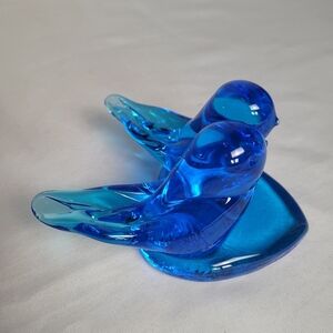 Vintage Leo Ward Signed Blue Bird Of Happiness On Heart Blue Glass Art 1996